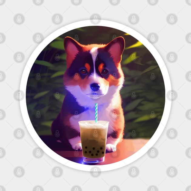 Corgi with boba bubble tea Magnet by akwl.design